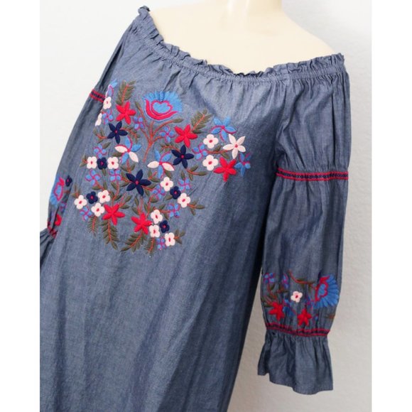 Max Studio 100% Cotton Floral Embroidered Off Shoulder Denim Chambray Dress M - Picture 3 of 15
